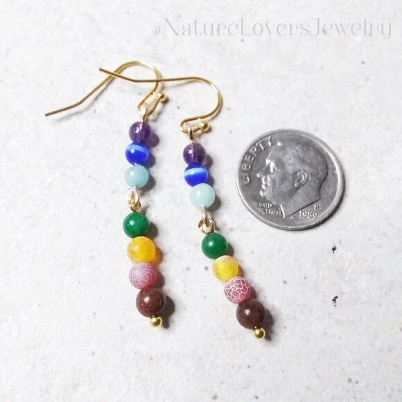 7 Chakra Earrings! Dainty + Slim Dangle Earrings with Semi Precious Stones - Picture 5 of 11